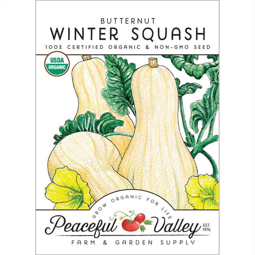 Organic Butternut Winter Squash non-GMO seed packet from Peaceful Valley. Features produce illustration.