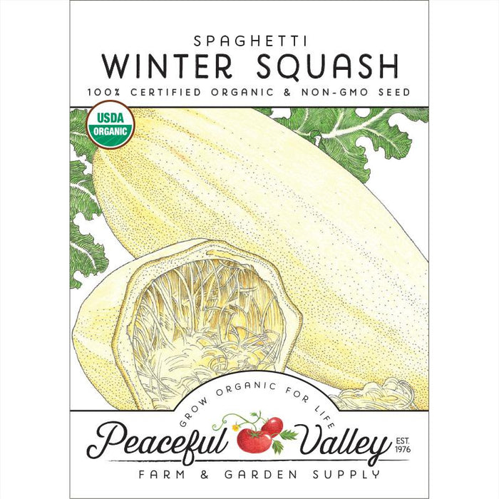 Organic Spaghetti Winter Squash seeds packet. Whole and sliced yellow squash illustration, USDA Organic, Non-GMO.