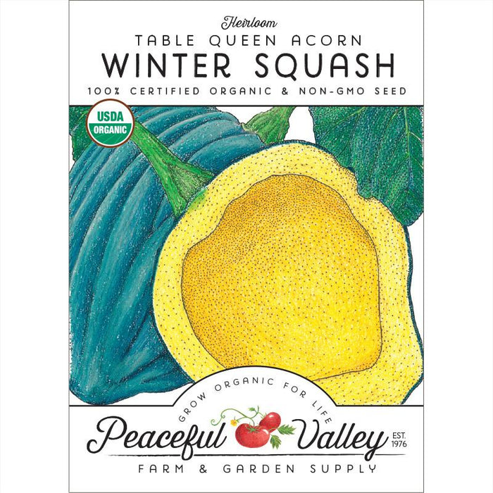 Heirloom Table Queen Acorn Winter Squash organic non-GMO seed packet. Peaceful Valley. Green/yellow squash art.