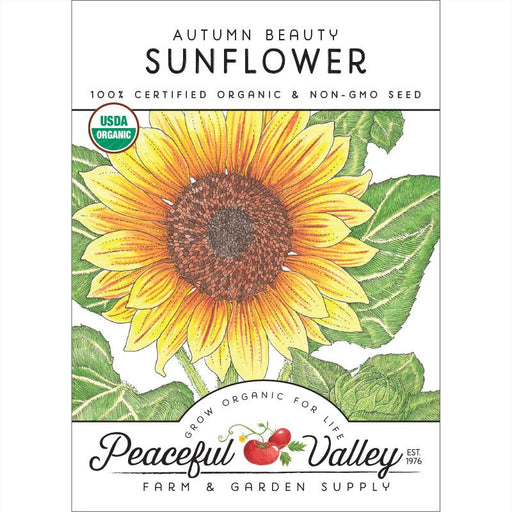 Organic Autumn Beauty Sunflower seed packet from Peaceful Valley. Non-GMO, USDA certified. Yellow flower art.