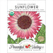 USDA Organic Evening Colors Sunflower seed packet. Vibrant pink sunflower illustration, Non-GMO seeds.