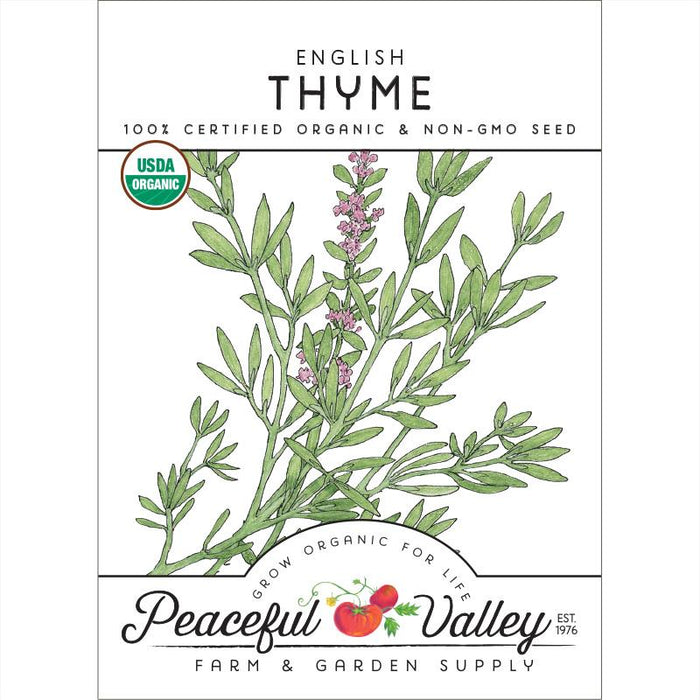 English Thyme organic non-GMO seed packet. Features thyme plant illustration, USDA Organic logo, Peaceful Valley brand.