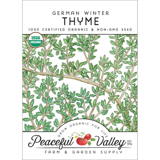 German Winter Thyme Certified Organic & Non-GMO seed packet from Peaceful Valley. USDA Organic herb seeds.