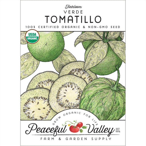 Heirloom Verde Tomatillo organic non-GMO seeds, USDA Organic. Illustrations of whole & sliced green tomatillos. Peaceful Valley.
