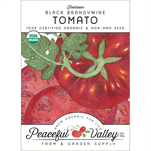 Heirloom Black Brandywine Organic Tomato seeds packet. USDA Certified, Non-GMO. Peaceful Valley Farm & Garden Supply.