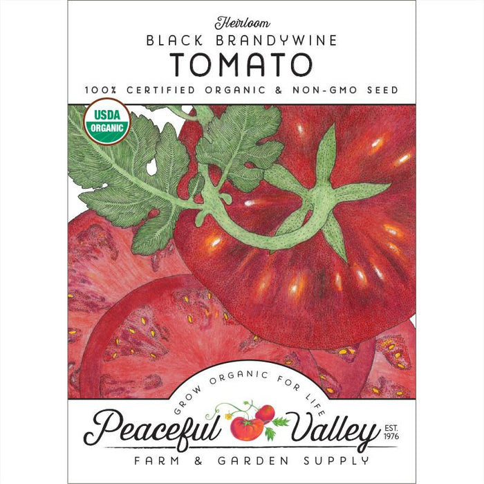 Heirloom Black Brandywine Organic Tomato seeds packet. USDA Certified, Non-GMO. Peaceful Valley Farm & Garden Supply.