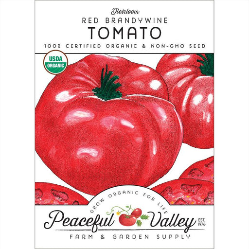 Heirloom Red Brandywine Tomato organic seed packet. USDA Organic, Non-GMO seeds from Peaceful Valley Farm & Garden.