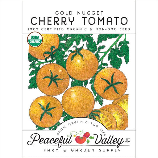 Gold Nugget Cherry Tomato organic seed packet with ripe yellow-orange tomatoes on green vines. USDA Organic, Non-GMO seeds.