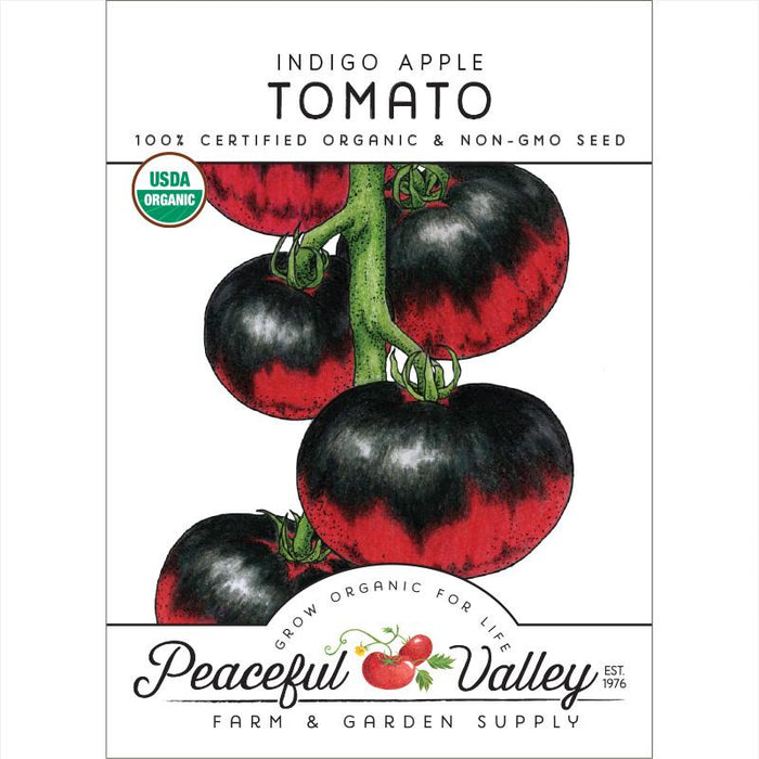 Indigo Apple Tomato organic seed packet. Dark red and black tomatoes on vine. USDA Organic, non-GMO certified.
