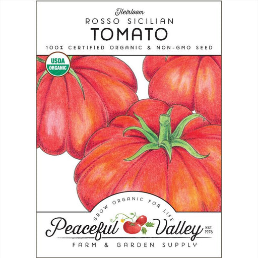 Heirloom Rosso Sicilian Organic Tomato seed packet with vibrant red tomatoes. USDA Organic, Non-GMO from Peaceful Valley.