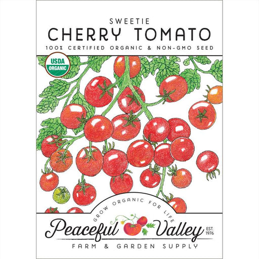 Sweetie Cherry Tomato organic non-GMO seed packet. Ripe red tomatoes on vine. USDA Organic. Peaceful Valley.