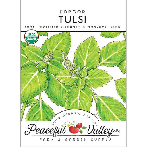Kapoor Tulsi organic non-GMO seed packet from Peaceful Valley. Features green tulsi leaves, USDA Organic logo.