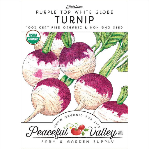 Heirloom Purple Top White Globe Turnip organic seed packet. USDA Organic, Non-GMO. White & purple turnips, green leaves.