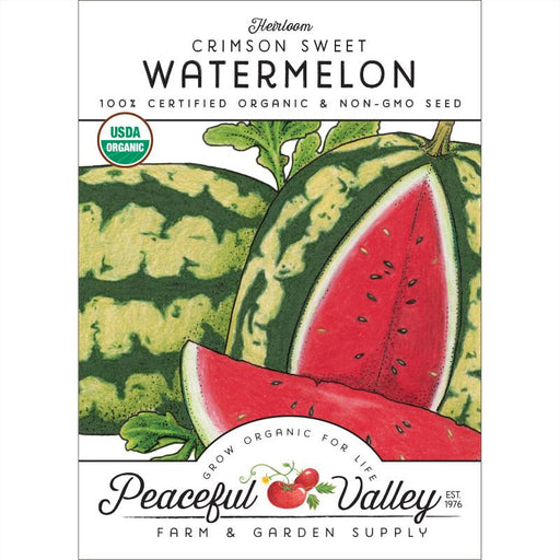 Heirloom Crimson Sweet Watermelon USDA organic non-GMO seed packet. Whole & sliced melons. Peaceful Valley.