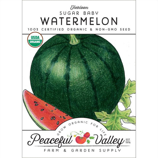 Peaceful Valley Heirloom Sugar Baby Watermelon organic non-GMO seed packet. Whole melon, slice, USDA Organic seal.