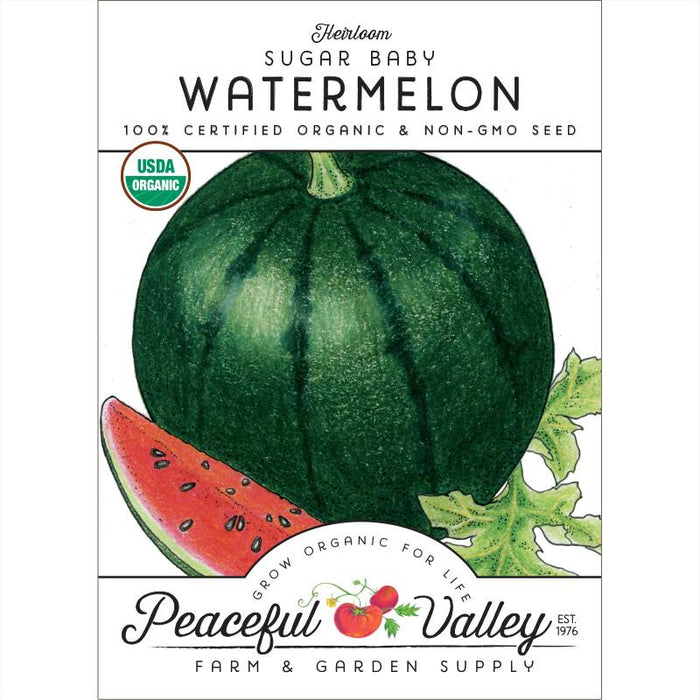 Peaceful Valley Heirloom Sugar Baby Watermelon organic non-GMO seed packet. Whole melon, slice, USDA Organic seal.