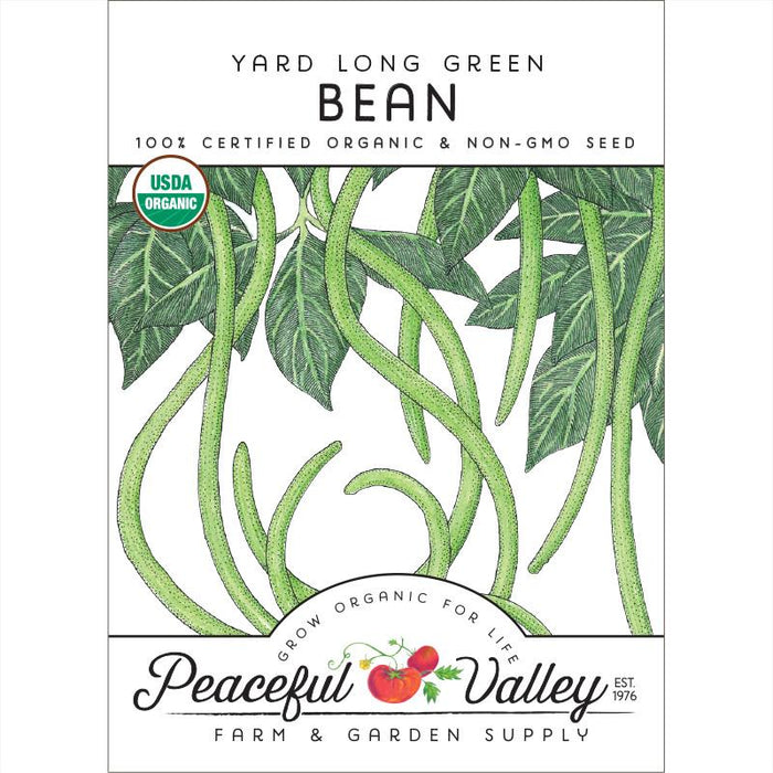 Organic Yard Long Green Bean seeds by Peaceful Valley. Non-GMO, USDA Organic certified seed packet with green bean illustration.