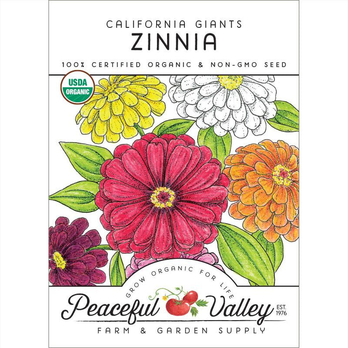 California Giants Zinnia 100% Certified Organic & Non-GMO seed packet. Colorful red, yellow, white flowers. Peaceful Valley.
