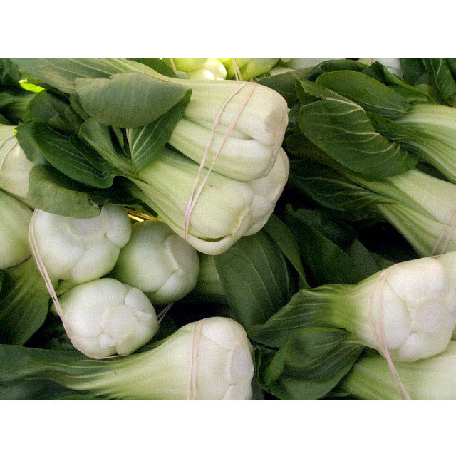 Fresh bok choy bunches with vibrant green leaves and crisp white stalks, tied with pink rubber bands. Healthy Asian produce.