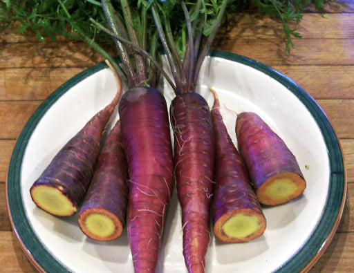 Fresh purple heirloom carrots with green tops on a white plate. Some cut to reveal a yellow-orange core.