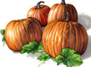 Vibrant watercolor pumpkins, orange & brown, with green leaves & vines. Fall harvest, autumn, Halloween decor.