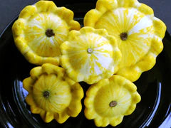 Five fresh yellow variegated summer pattypan squash on a dark plate.