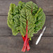 Fresh red Swiss chard bunch with green leaves, water droplets, and a paring knife on a wooden table.