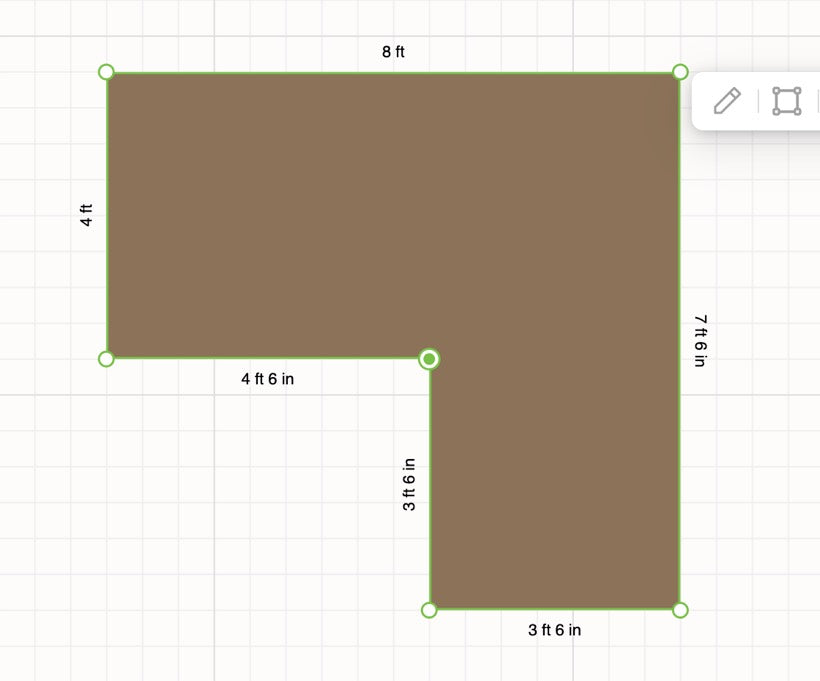 An L-shaped raised bed being edited on a measured grid: a green outline with round handles at each corner, one of them selected, and every edge labelled with its length - 8 ft across the top, 4 ft down the left, a 4 ft 6 in step in, and 7 ft 6 in down the right side