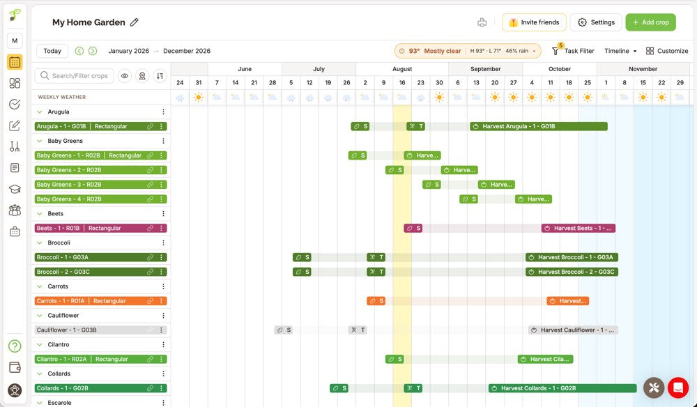 The Seedtime calendar in timeline view: crops listed down the left beside a Search and Filter crops field, with every planting drawn across January to December as seeding, transplant and harvest bars