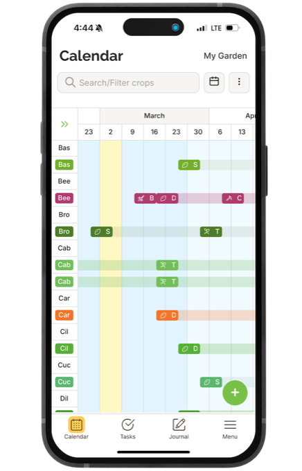 Seedtime mobile app calendar showing seed, transplant and harvest markers for basil, beets, broccoli, cabbage, carrots and more