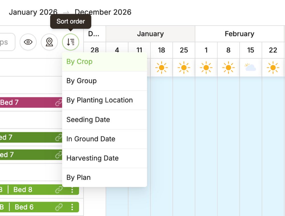 The Sort order menu open on the Seedtime calendar, listing By Crop, By Group, By Planting Location, Seeding Date, In Ground Date, Harvesting Date and By Plan, with By Crop currently selected