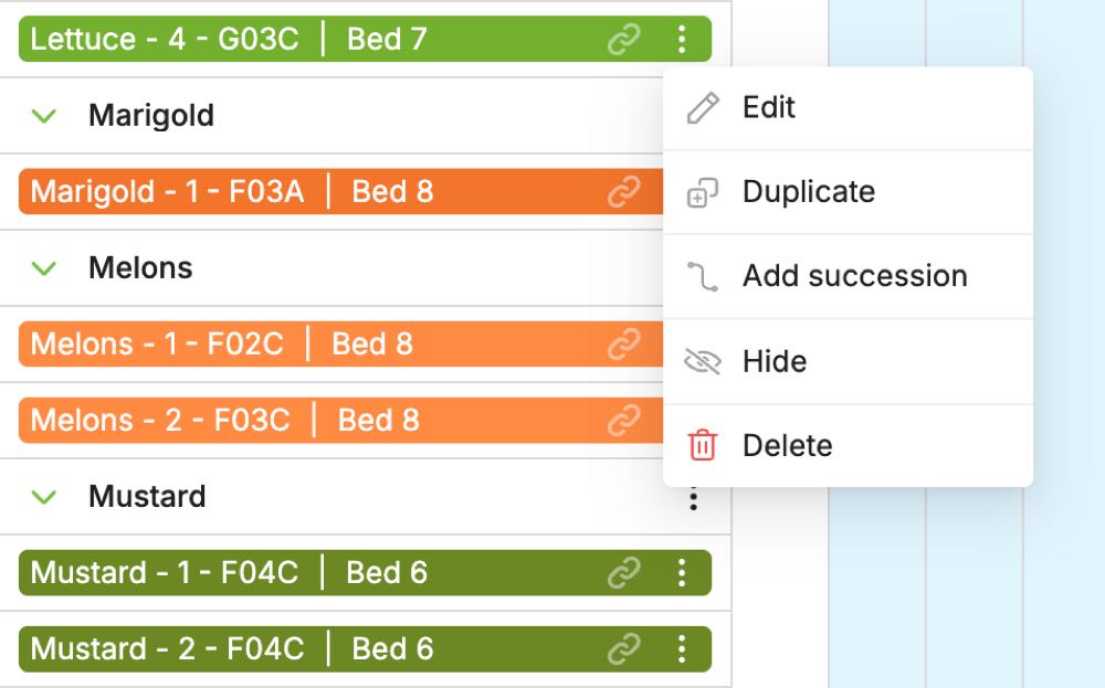 A planting's menu open on the Seedtime calendar, showing Edit, Duplicate, Add succession, Hide and Delete, beside rows for Melons - 1 and Melons - 2 and for Mustard - 1 and Mustard - 2 in the same beds