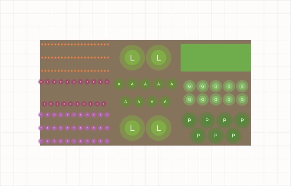 Seedtime garden layout with custom plant spacing set per crop and per row