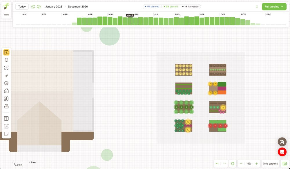 Seedtime garden layout planner showing raised beds with square foot planting and a season-long planting timeline
