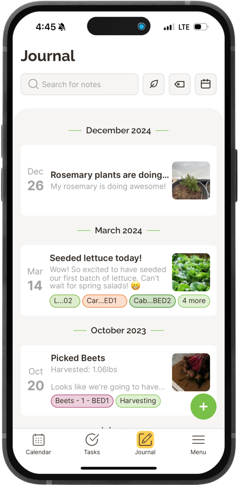 The Seedtime journal on a phone: entries grouped under December 2024, March 2024 and October 2023, each with its date, title, first line, crop and job tags, and a photo thumbnail
