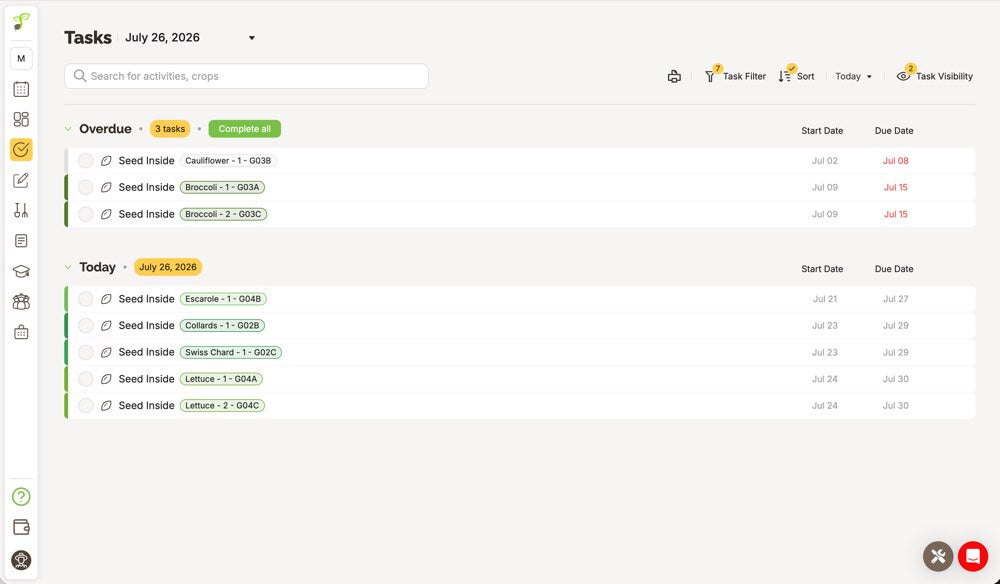 Seedtime task list showing overdue and today seed-starting tasks with start and due dates